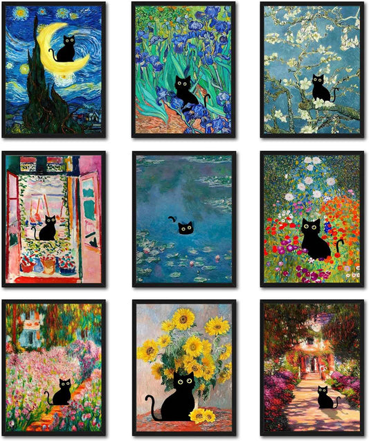 Funny Black Cat Wall Art Set of 9, Cute Cat Animal Posters Prints Pictures, Vintage Monet Floral Famous Aesthetic Wall Decor Painting for Living Room Bathroom Home Decor 8x10 Inch Unframed