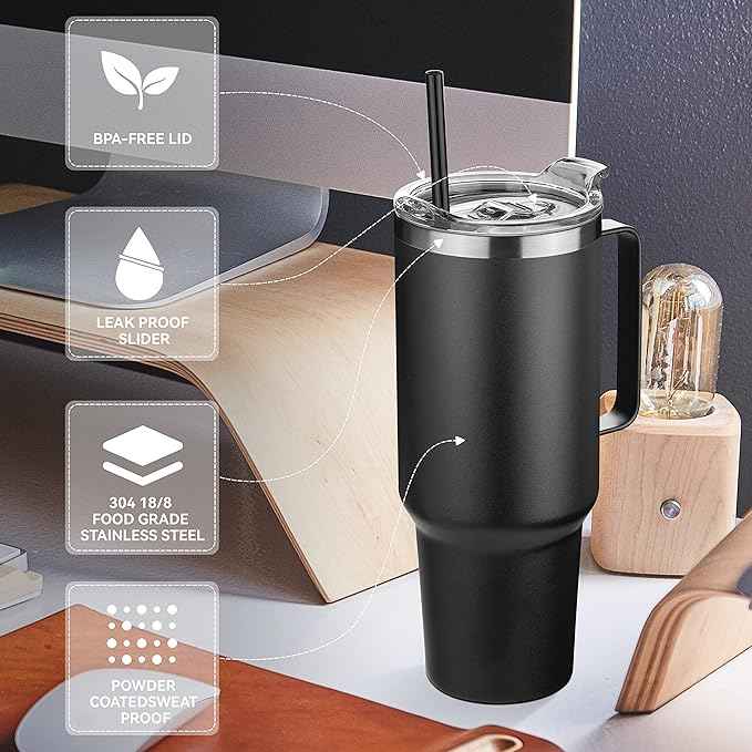HASLE OUTFITTERS 40 oz Stainless Steel Tumbler with Handle, Vacuum Insulated Tumblers Bulk, Reusable Double Wall Travel Coffee Mug, Durable Powder Coated Water Bottles(Black, 8)
