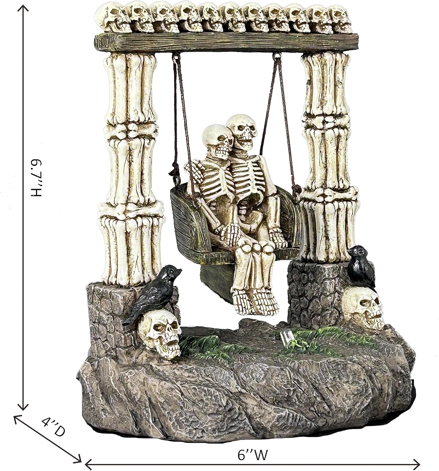 JORAE Swinging Skeleton Statue Couple on Light Up Color Changing LED Roman Pillars Skull Halloween Figurine Day of The Dead Collectible Home Decor, 6.7" H