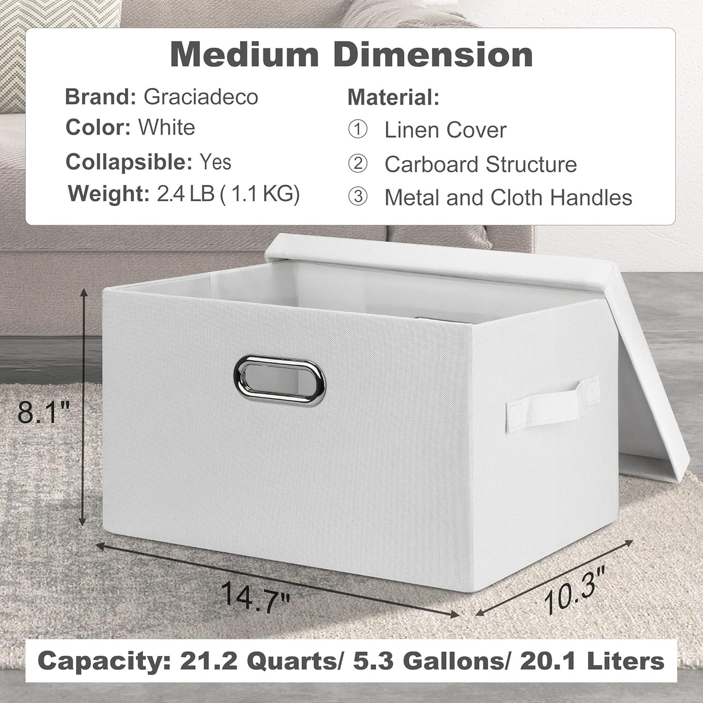 Medium 15" 21 Quart Collapsible Stackable Storage Bins with Lids, 3 Packs White Foldable Fabric Closet Boxes Heavy-duty Linen Cube Baskets Container for Bedroom Office (15 x 11 x 8)