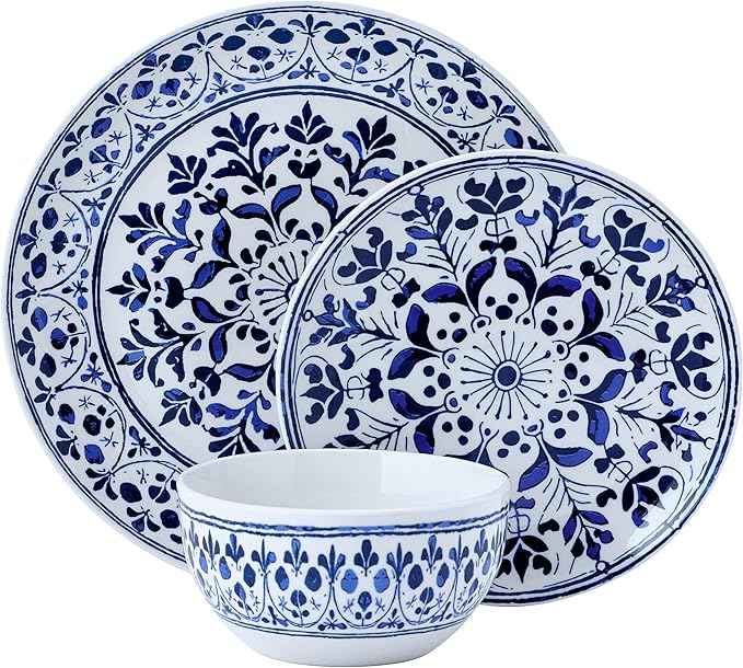 Pfaltzgraff Medallion Radiance 12 Piece Stoneware Dinnerware Plate Bowl Dish Set, Service for 4, Blue
