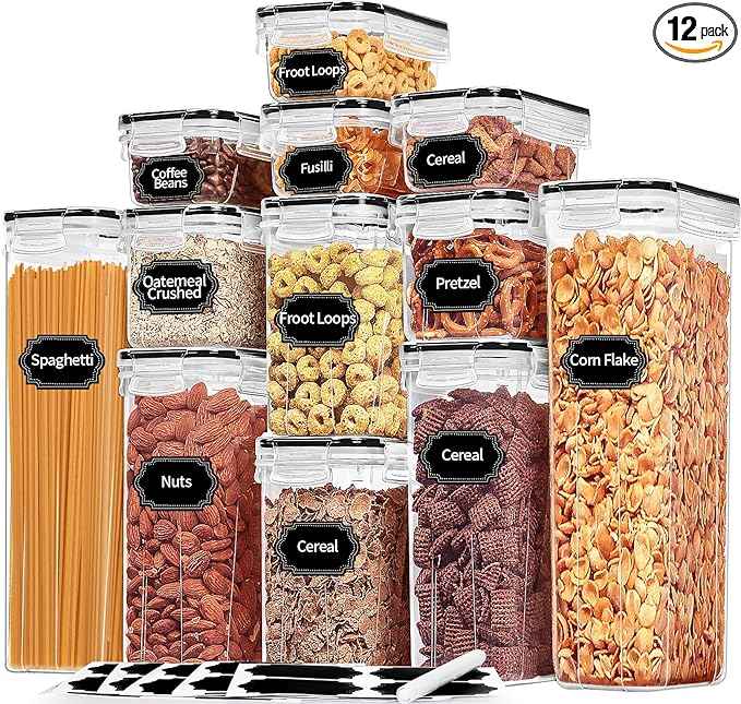 PRAKI Airtight Food Storage Containers with Lids, 12PCS Plastic Kitchen Storage Containers for Pantry Organizers and Storage - Cereal, Rice, Flour and Sugar Containers with Labels & Marker