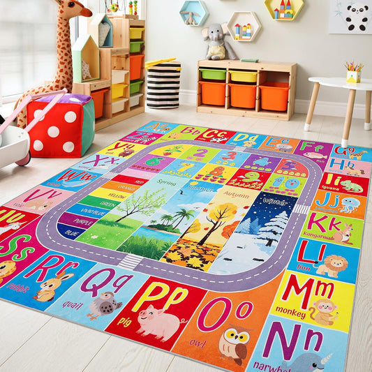 UKISS ABC Kids Rug,Toddler Educational Play Rug for Learning Alphabet, Numbers, Colors, Seasons and Animal Words,55"x55"Washable Classroom Area Rugs,Non-Slip Kids Play Mat Carpet for Playroom