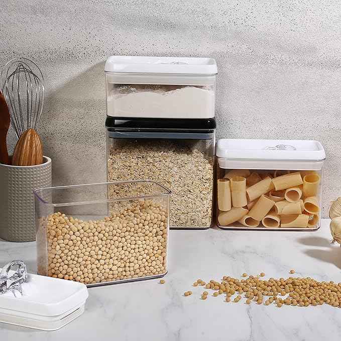 Felli Flip Tite Storage Container with Lid 4” RECTANGULAR Airtight Ring Flip Top, Stackable Kitchen Counter Pantry Organizer Acrylic Canister Jar for Pasta Spaghetti Cereal Granola Coffee (1.9qt)