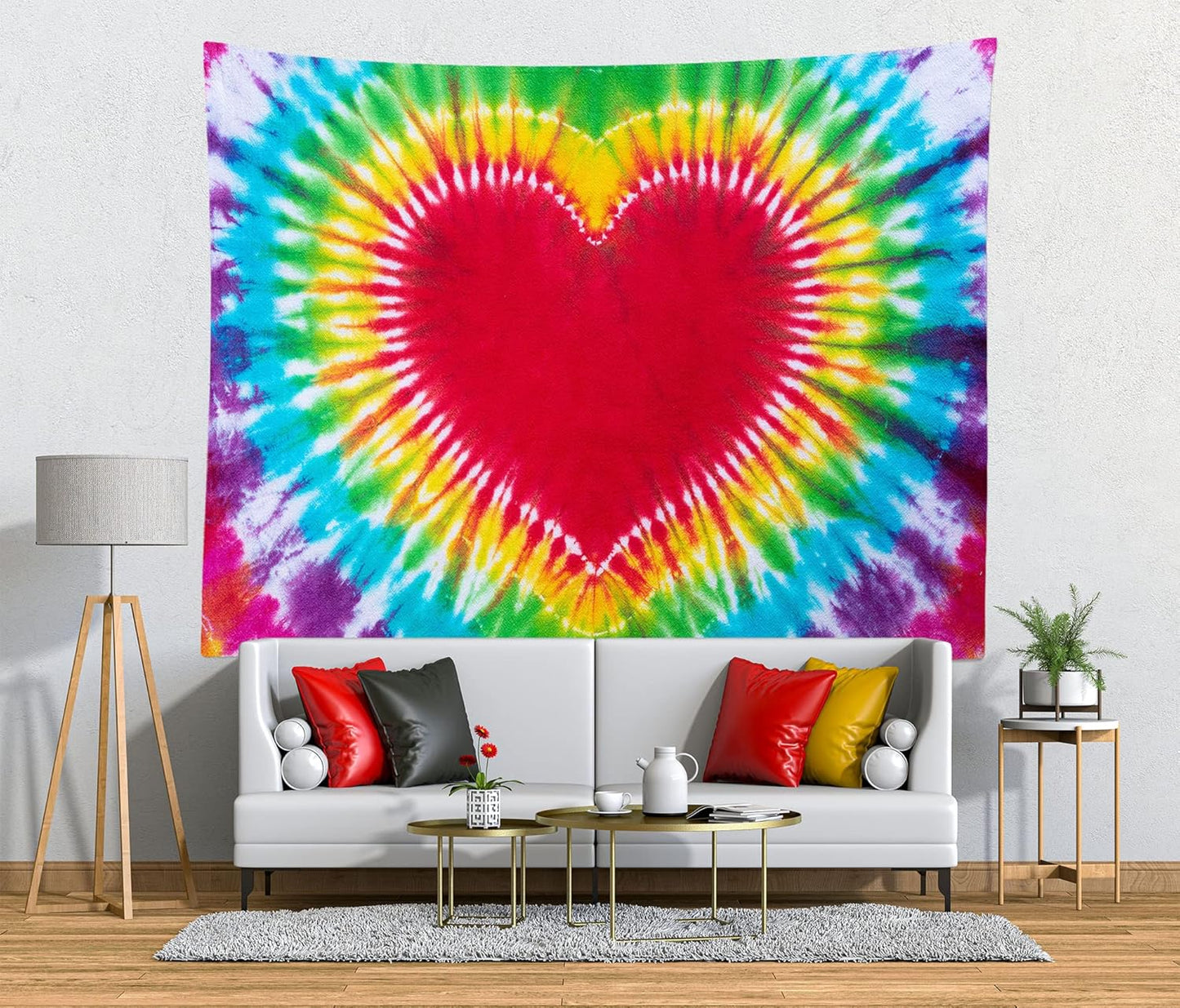 Loccor Colorful Tie Dye Tapestry Rainbow Heart Tie Dye Watercolor Wall Hanging Abstract Hippie Wall Decor LBGT Party Supplies Home Bedroom Living Room Decor W92 x H70 inches