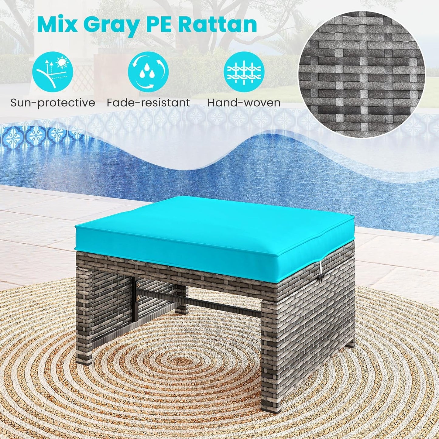 Tangkula 2 Pieces Patio PE Rattan Ottomans, Multipurpose Outdoor Footstool Footrest Additional Seating Side Table with Soft Zippered Cushions for Deck, Garden, and Yard (Turquoise)