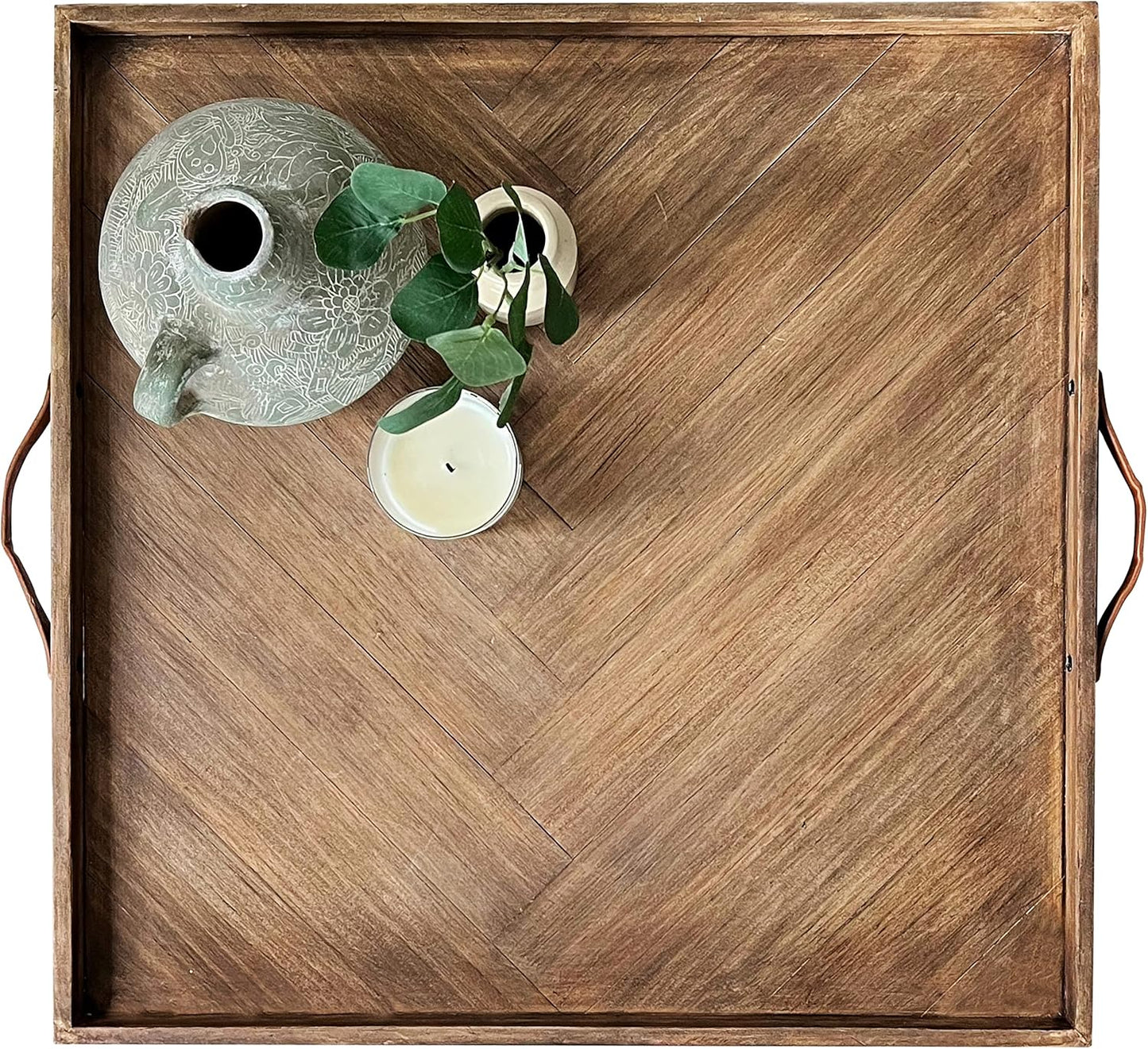 LUIYO Large Ottoman Wood Tray- with Leather Handle Decorative Wooden 24 x 24 x1.5 Inches Square Serving Tray Best for Coffee Table, Living Room and Kitchen (Large 24 * 24)
