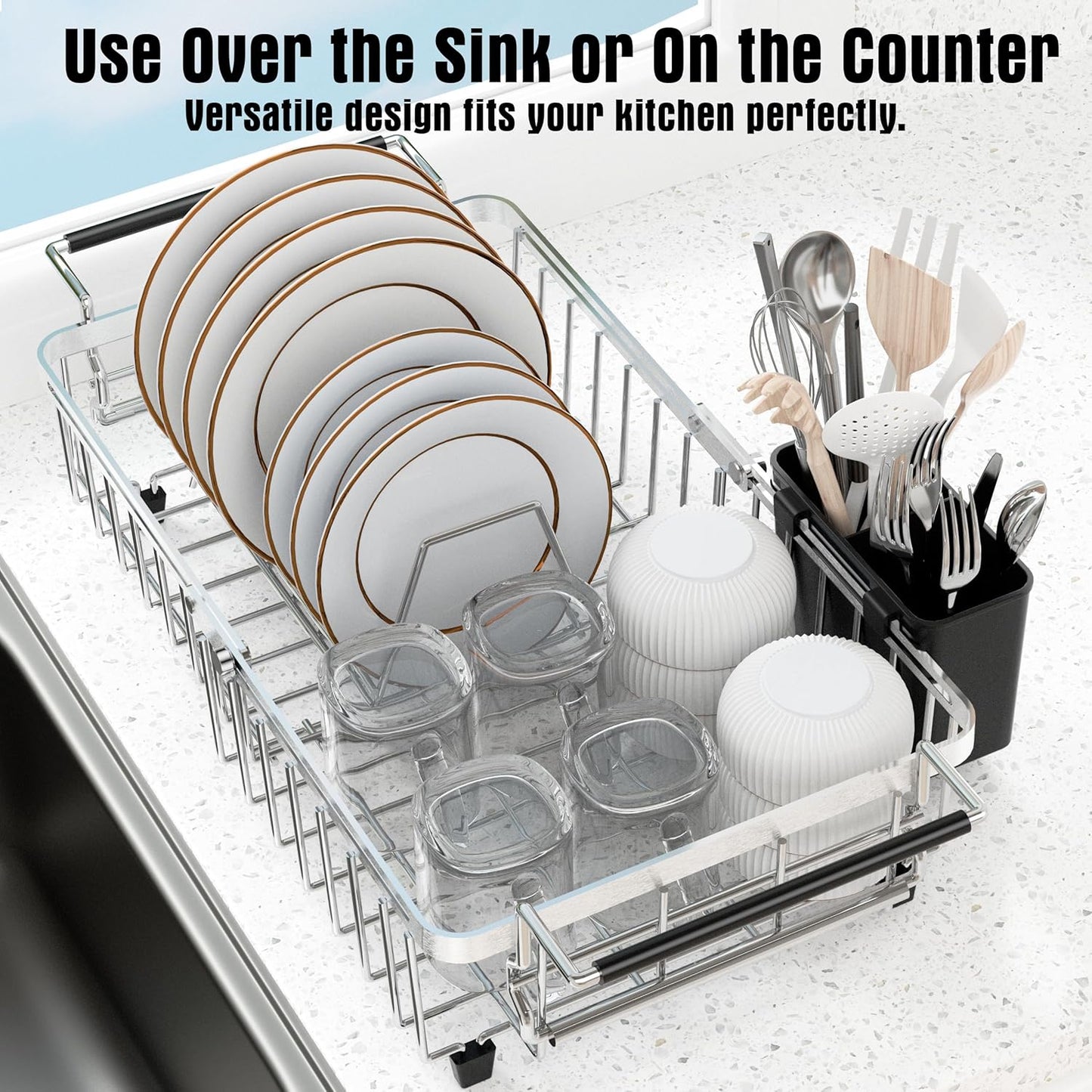 Expandable Dish Drying Rack in Sink,Stainless Steel Over The Sink Dish Drainer Drying Rack for Kitchen Counter,with Utensil Holder,Silver