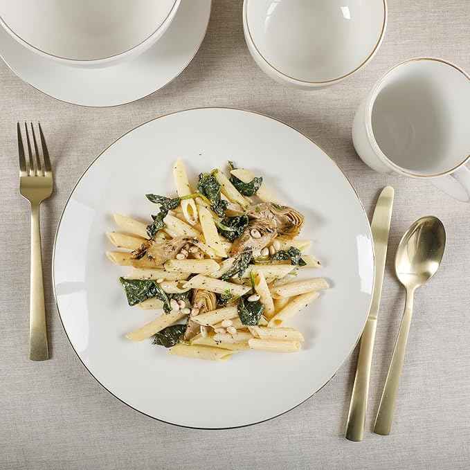 Gibson Home Ogalla 30 Piece Plates, Bowls, & Mugs Dinnerware Set - Service for 6 - White Porcelain W/Gold Band