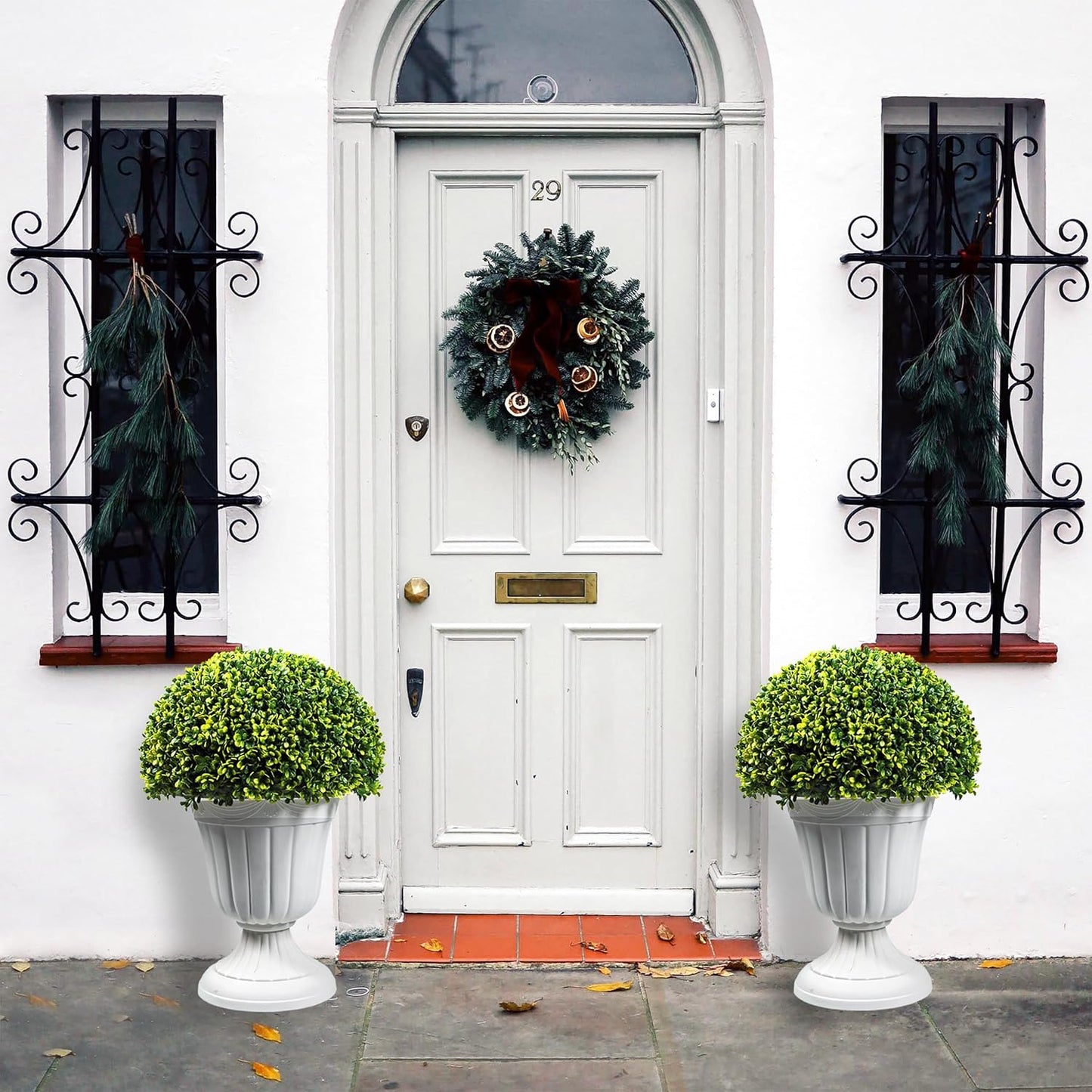 Sunnyglade 2 PCS 23”Artificial Plastic Boxwood Ball Tree，Faux Potted Decorative Topiary Plant，UV Resistant Fake Plant in Pot for Home Gate Indoor Outdoor Patio Office Decor