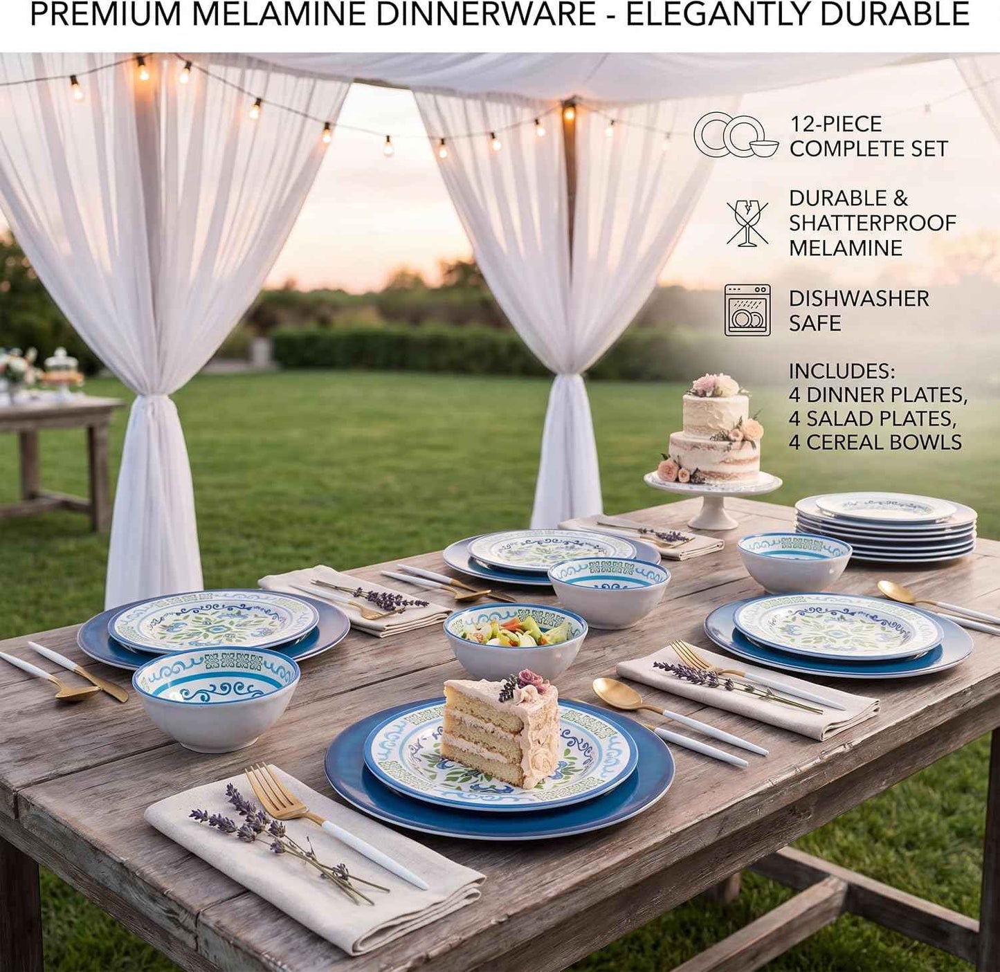 12-Piece Melamine Dinnerware Set – Unbreakable Plates and Bowls Sets,4 Dinner Plates + 4 Salad Plates + 4 Cereal Bowls,Camping Dishes Set for Indoor/Outdoor Use, Dishwasher Safe, Service for 4