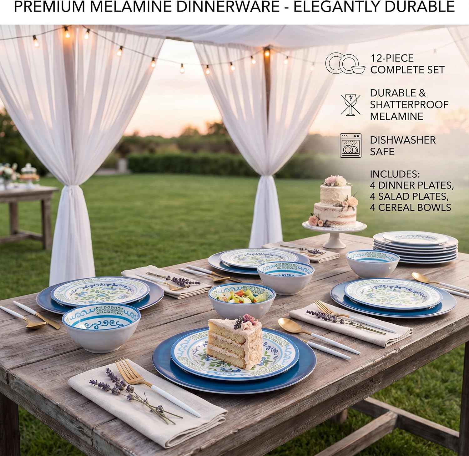 12-Piece Melamine Dinnerware Set – Unbreakable Plates and Bowls Sets,4 Dinner Plates + 4 Salad Plates + 4 Cereal Bowls,Camping Dishes Set for Indoor/Outdoor Use, Dishwasher Safe, Service for 4
