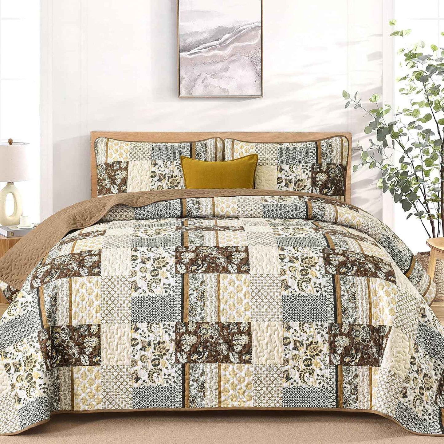WONGS BEDDING Quilt Set Queen Size Brown, 3 Pieces Patchwork Plaid Bedspread Coverlet Set, Floral Soft Microfiber Bedding Set for All Season(96"×90")