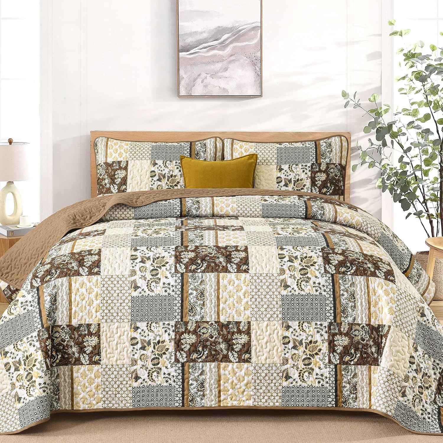 WONGS BEDDING Quilt Set Queen Size Brown, 3 Pieces Patchwork Plaid Bedspread Coverlet Set, Floral Soft Microfiber Bedding Set for All Season(96"×90")