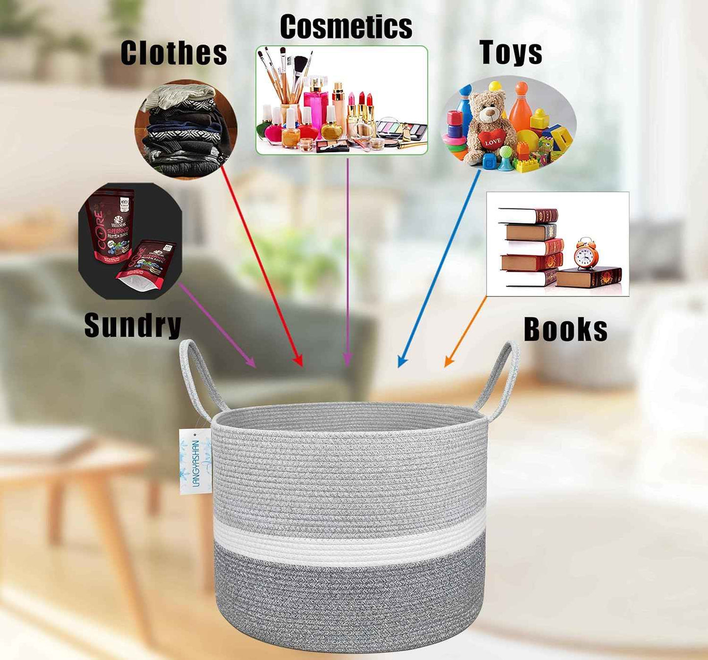 21.65" x 13.78" XXXLarge Woven Rope Basket Decorative Blanket Basket for Living Room Toys Sofa Throws Storage Towels or Nursery Laundry Hamper with Handles Laundry Basket (Three-Colour)