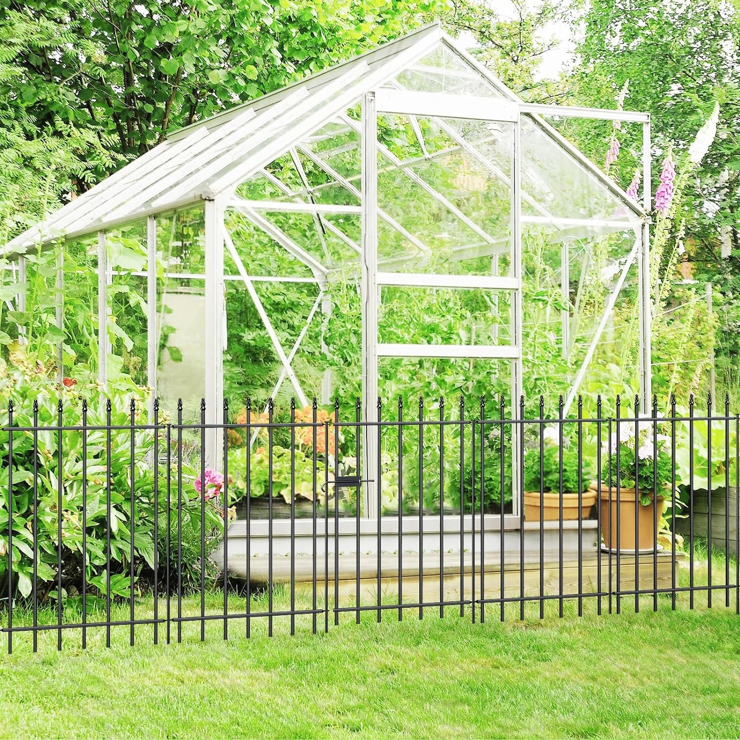 Metal Garden Fence with Gate 36 in H x 10 ft L, 1 Gate + 4 Panels Border Fence Panels Animal Barrier for Dogs, No Dig Garden Fencing for Yard Patio Flower Bed Lawn Outdoor, Black