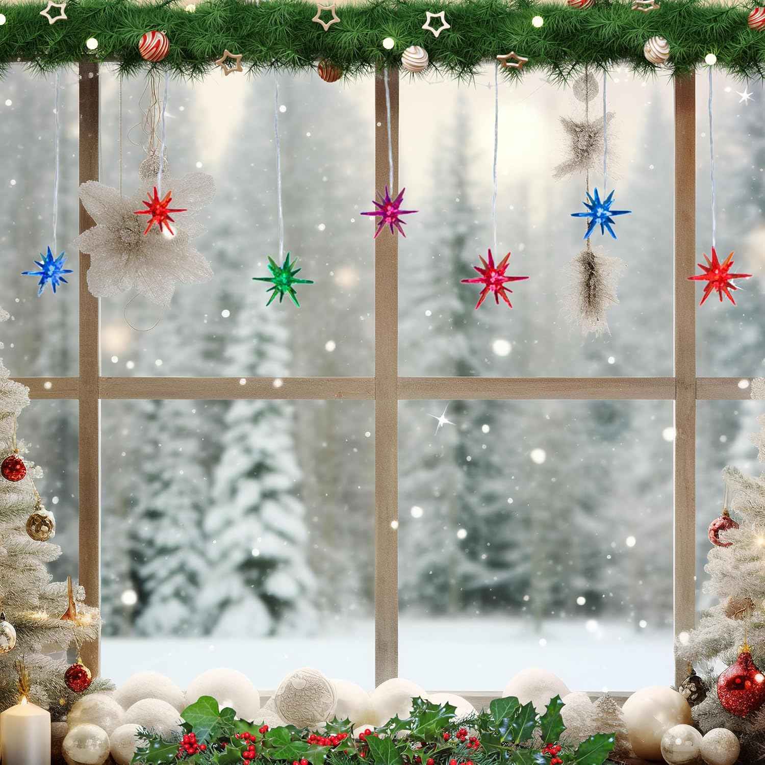 Multi-Color Changing Starburst Christmas Lights – 48" LED Light Strand with 9 Acrylic Starbursts – Color Changing Holiday String Lights for Indoor Outdoor Christmas Decor, Tree, Mantel, Window