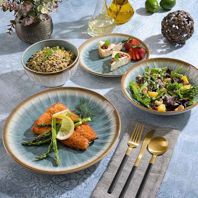 Gibson Elite Mayfair Bay 16-Piece Embossed Double Bowl Dinnerware Set, Service for 4 – Blue Stoneware Plates and Bowls