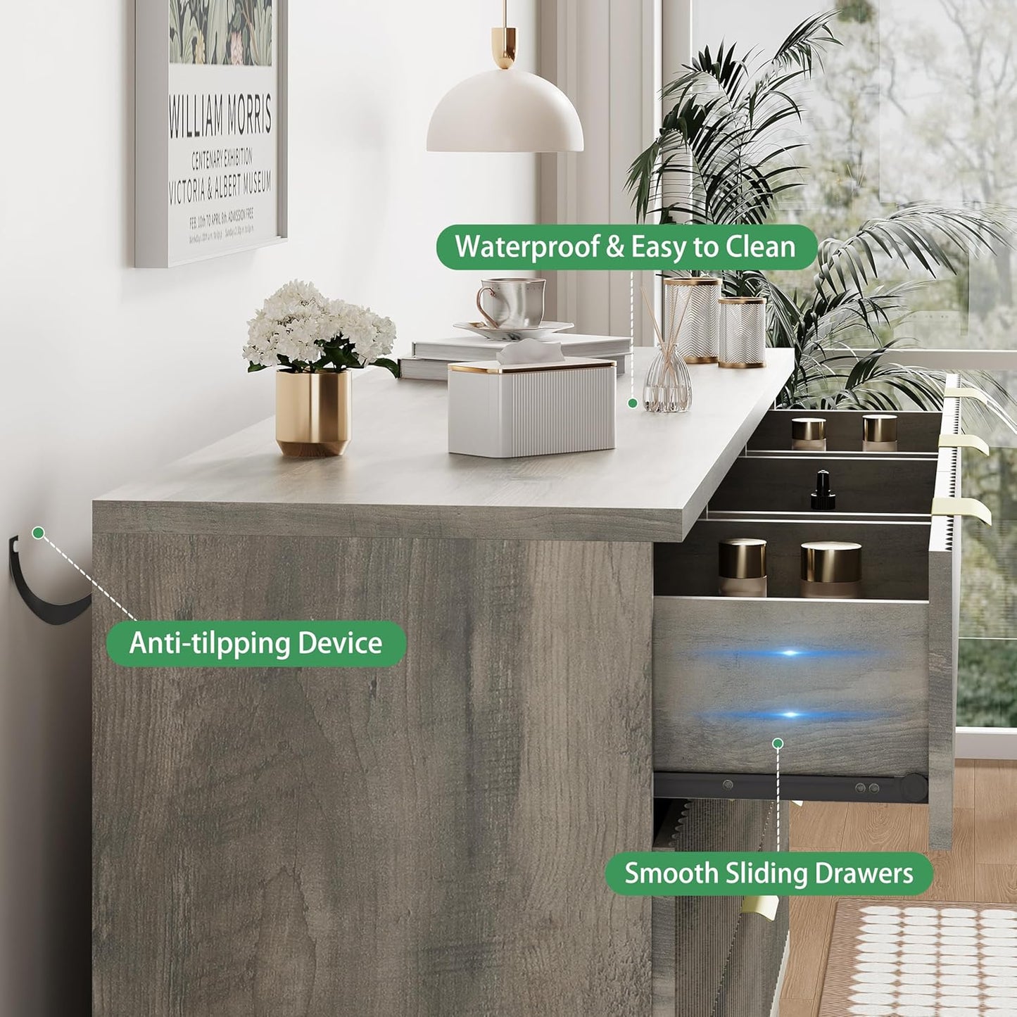 Fluted Dresser for Bedroom with 7 Drawers, 48" Wide Modern Chest of Drawers with Metal Handle, Wood Dresser TV Stand, Wooden Closet Clothes Storage Organizer for Living Room, Hallway, Grey