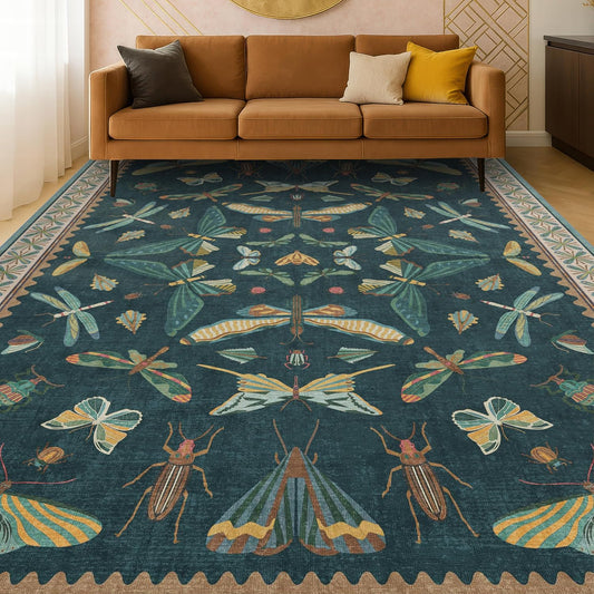 Insect Teal Green 5x7 Area Rug for Living Room - Cottage Core Rug for Bedroom, Dining Room, Kids Playroom, Home Office, Floral Vintage Whimsical Butterfly Washable Non Slip Floor Décor