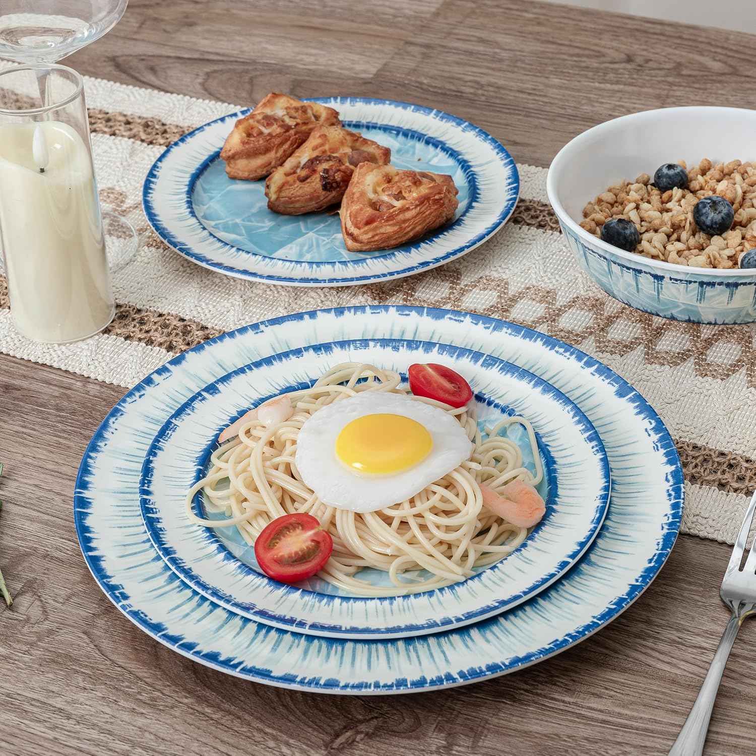 12 Piece Melamine Plates and Bowls Dinnerware Set, Lightweight Unbreakable Modern Dishes Set Great for Outdoor Camping & Everyday Use, Service for 4, BPA Free, Light Blue