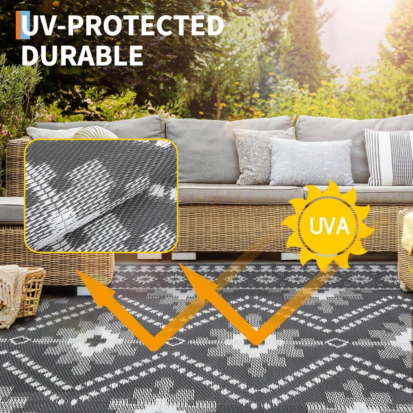 8x10 Gray Outdoor Rug, Waterproof Plastic Straw Reversible Ethnic Geometric Patio Mat, Symmetrical Tribal Pattern Washable RV Camping Carpet, Foldable Portable Deck Rug for Picnic Backyard