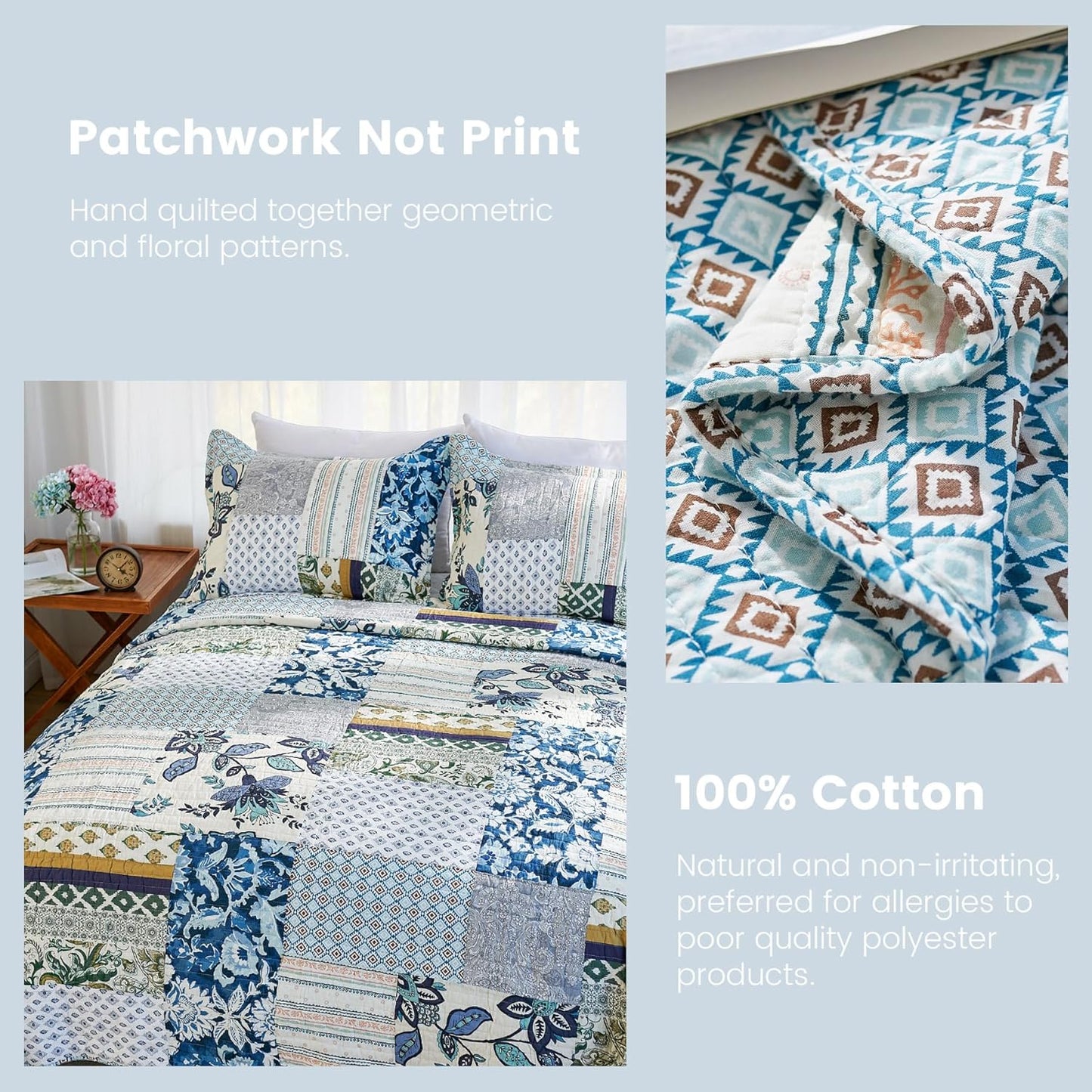 Secgo King Size Comforter Set- 100% Cotton Quilt King Size Set, Green, Sage bedspreads (98 * 106 Inch) with 2 Pillow Shams, Patchwork Reversible Lightweight Bedding