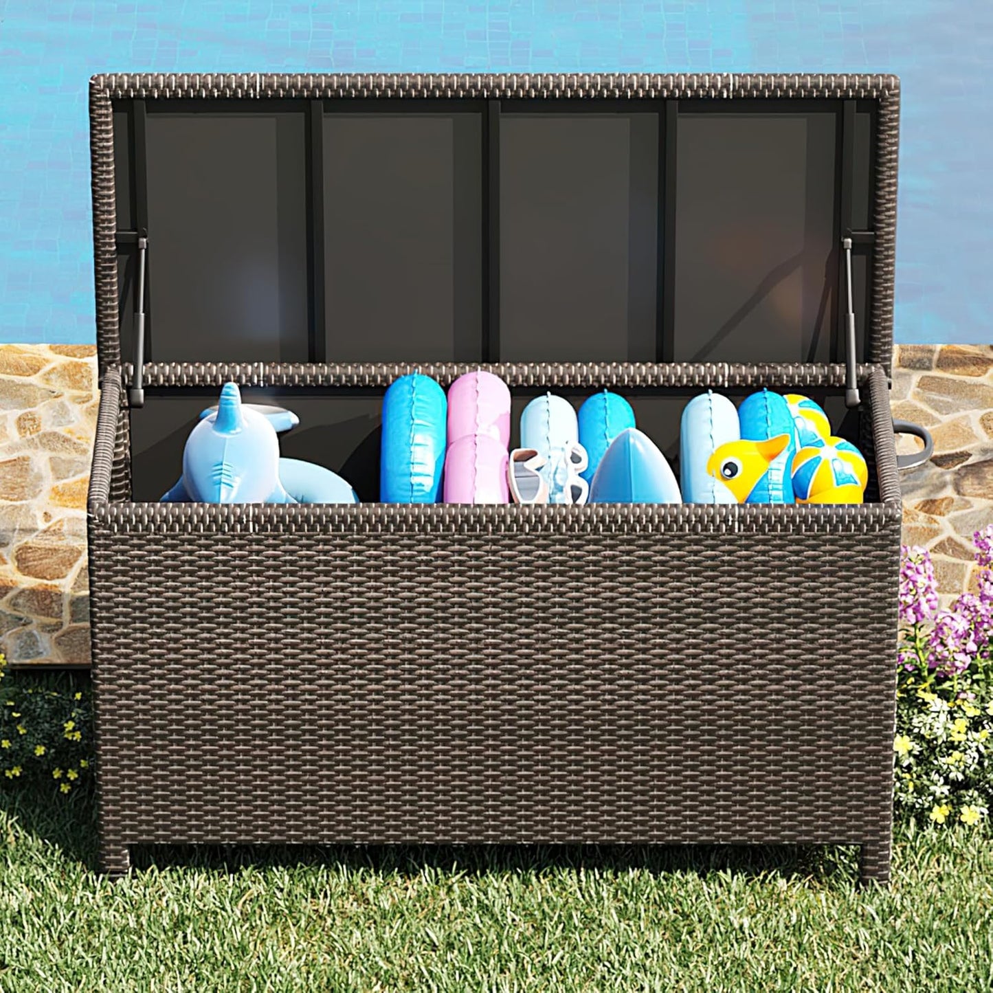 Wicker Deck Box, 185 Gallon All-Weather Outdoor Storage Box, Rattan Storage Bin for Patio Furniture, Outdoor Cushions, Pool Storage and Garden Tools, Brown