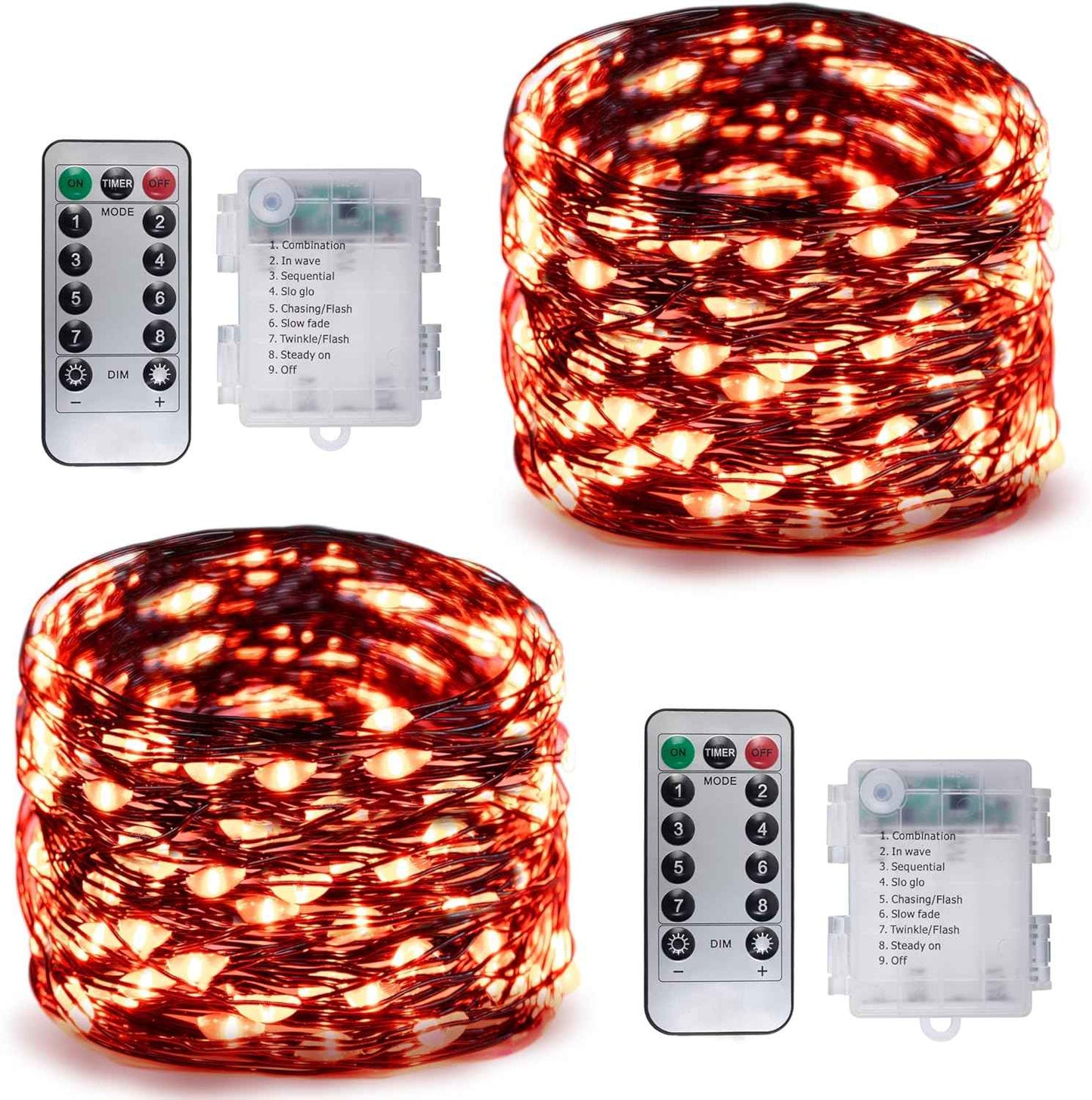 2 Set Halloween Fairy Lights Battery Operated, 16ft 50LED Outdoor String Lights with Remote, 8 Modes Twinkle Lights Black Wire Firefly Lights for Garden Bedroom Party Decor- Orange