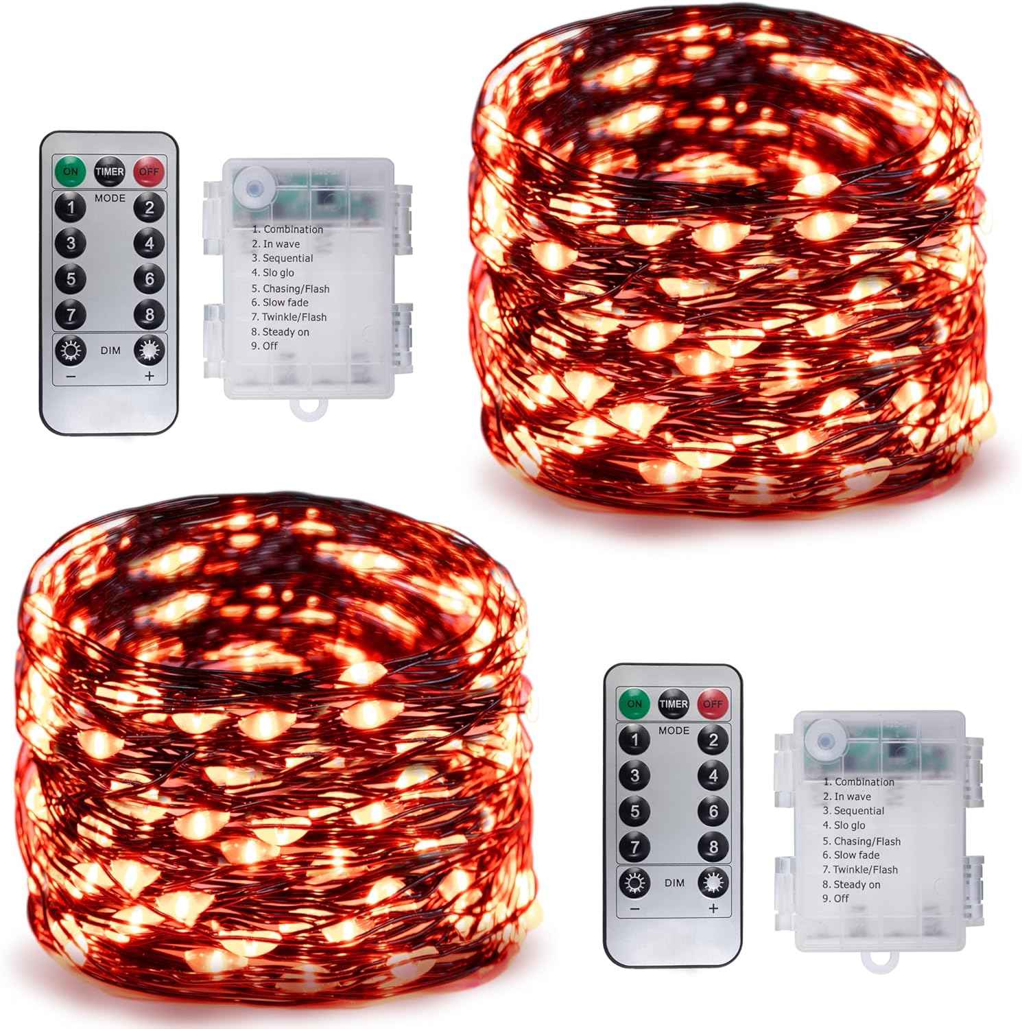 2 Set Halloween Fairy Lights Battery Operated, 16ft 50LED Outdoor String Lights with Remote, 8 Modes Twinkle Lights Black Wire Firefly Lights for Garden Bedroom Party Decor- Orange