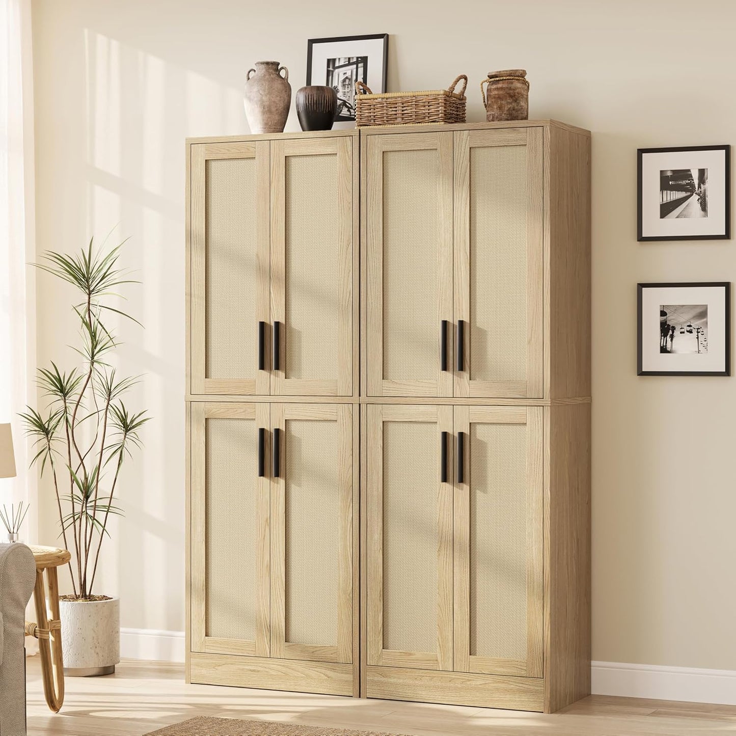 Pantry - Kitchen Pantry Cabinet, Tall Storage Rattan Cabinet with 4 Doors and Adjustable Shelves, Linen Closet Freestanding Cupboard for Dining Room Living Room, Laundry, Bathroom