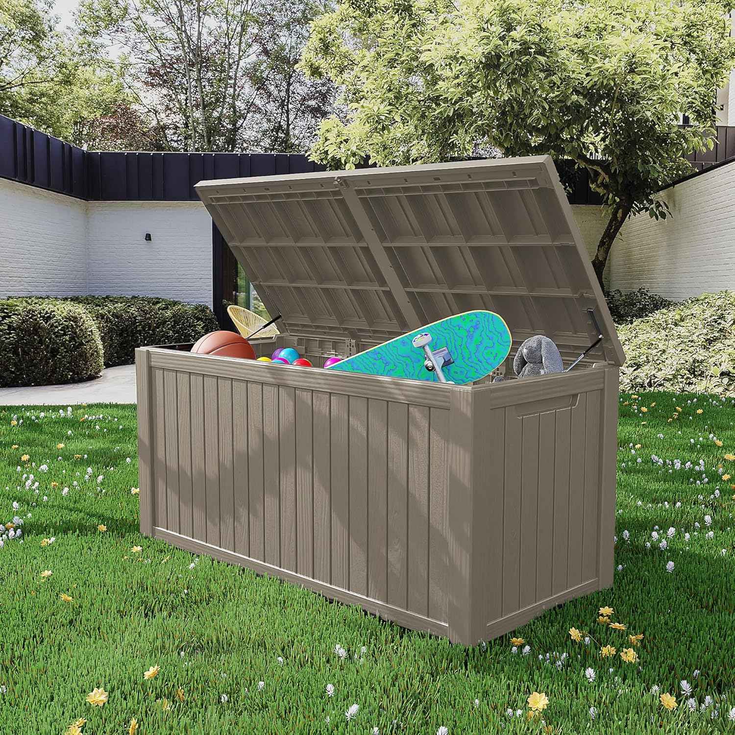 200 Gallon Lockable Resin Outdoor Storage Box, Waterproof & Weather Resistant Deck Box for Patio Cushion, Garden Tools & Pool Accessories, Grey