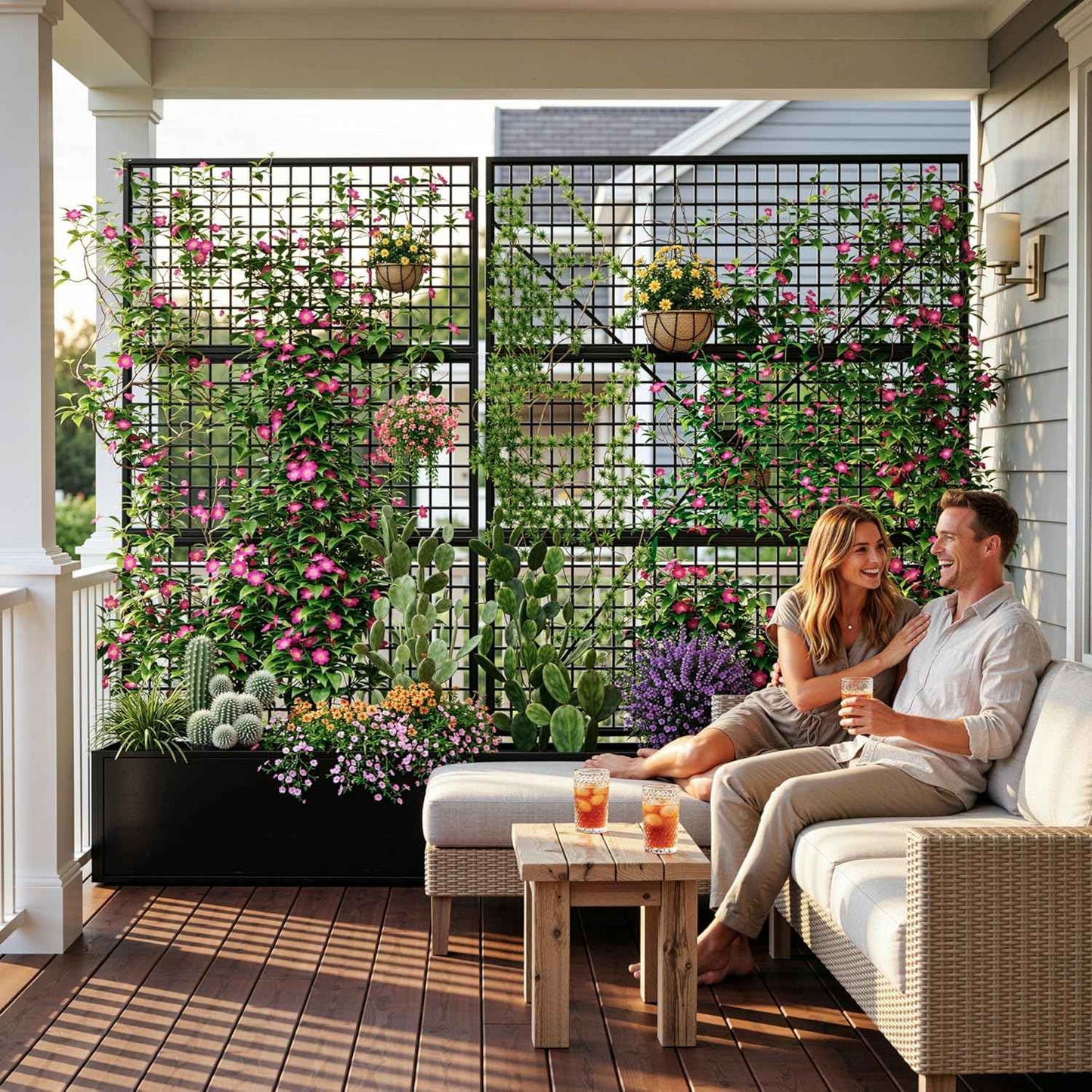 Privacy Planters for Patio – Metal Raised Garden Bed with Trellis and Privacy Screen, 71"×47.2"×16" Planter Box with Drainage Holes for Climbing Plants, Vegetables, and Vines, Outdoor Backyard Black
