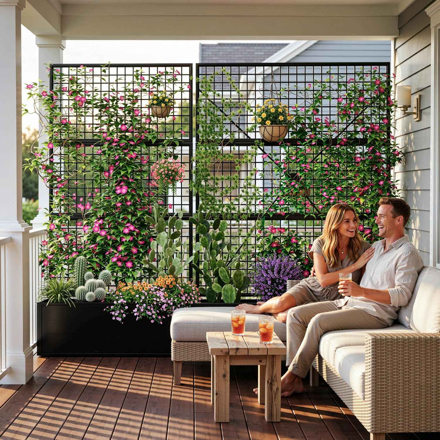 Privacy Planters for Patio – Metal Raised Garden Bed with Trellis and Privacy Screen, 71"×47.2"×16" Planter Box with Drainage Holes for Climbing Plants, Vegetables, and Vines, Outdoor Backyard Black