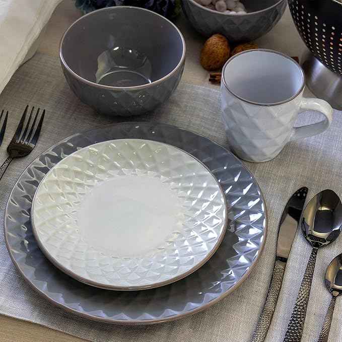 Elama Round Stoneware Collection Dinnerware Dish Set, 16 Piece, Slate and Pearl