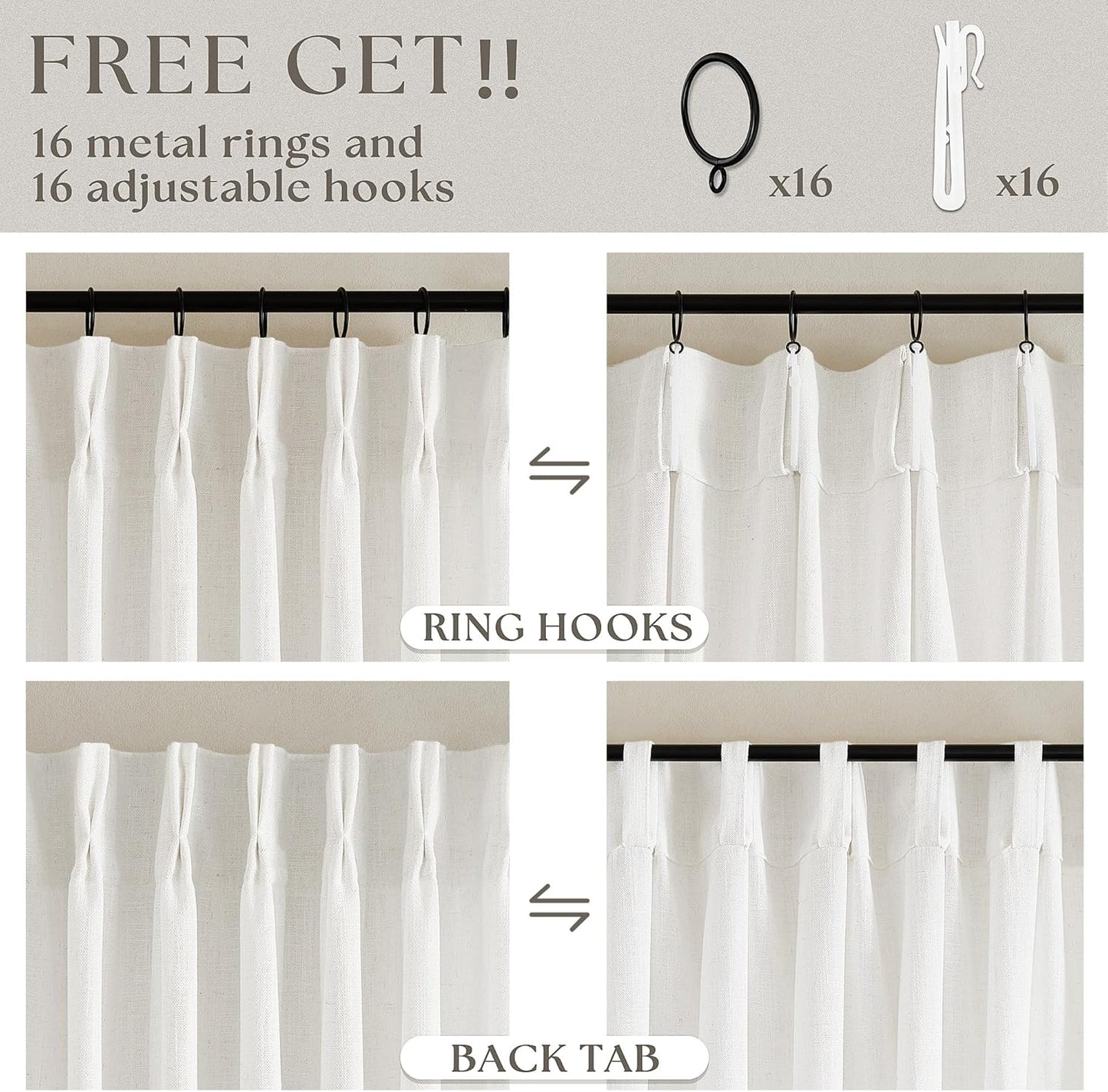 Beige White Linen Curtains Pinch Pleated 84 Inches Long for Living Room Bedroom Pleat with Rings Back Tab Semi Sheer Curtains 84 Inch Length 2 Panels Set Light Filtering Farmhouse Drapes