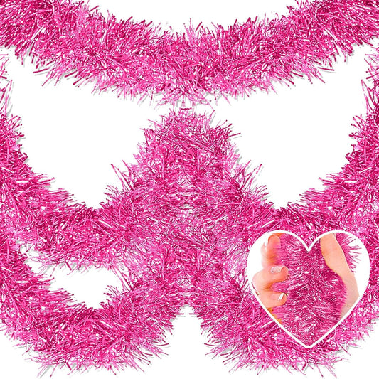 25 Feet Metallic Twist Tinsel Garland - Wall Hanging Backdrop for Holidays (Pink, 4in x 25ft)