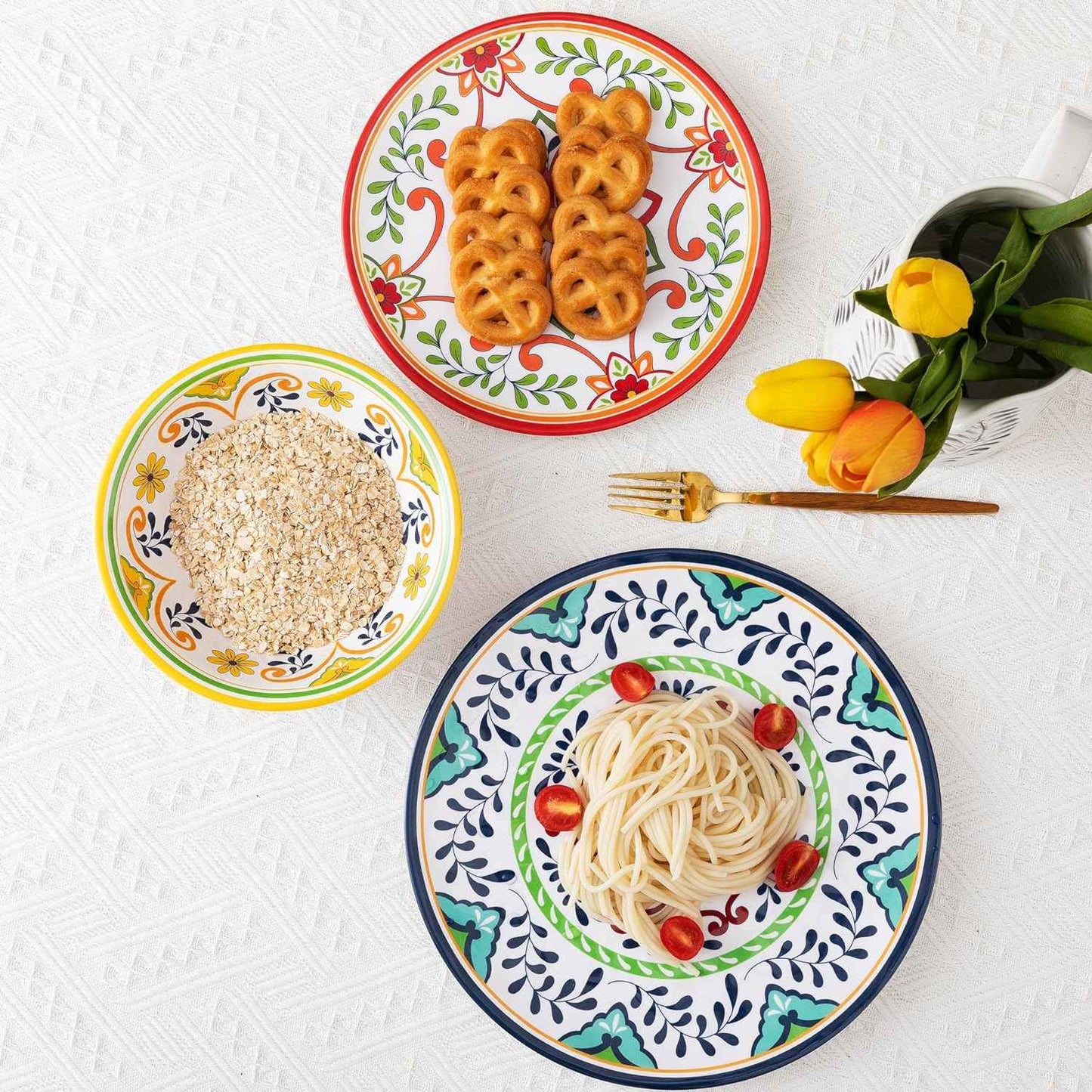 12 pcs Talavera Melamine Dinnerware Set, Service for 4 Melamine Plates and Bowls Set, Unbreakable Dishes Dinnerware Set, Great for RVs, Camping, BPA Free and Dishwasher Safe