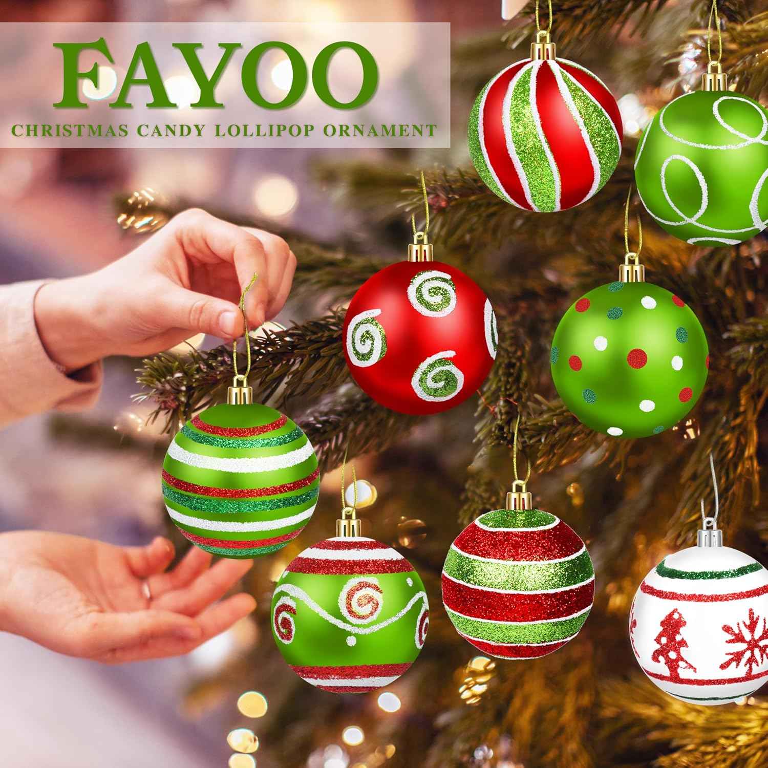 24Pcs Christmas Ball Ornaments Red Green White Shatterproof Christmas Tree Decorations 2.4 Inch Glittering Swirl Candy Hanging Ornaments for Xmas Tree Holiday Party Decor (Colorful)