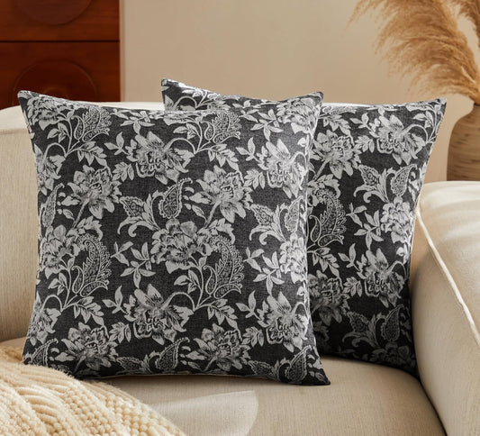 Floral Jacquard Throw Pillow Covers Set of 2, Background/Charcoal 18x18 Inch, Farmhouse Decorative Cotton Dark Grey Cushion Covers for Sofa Bed Living Room Home Decor