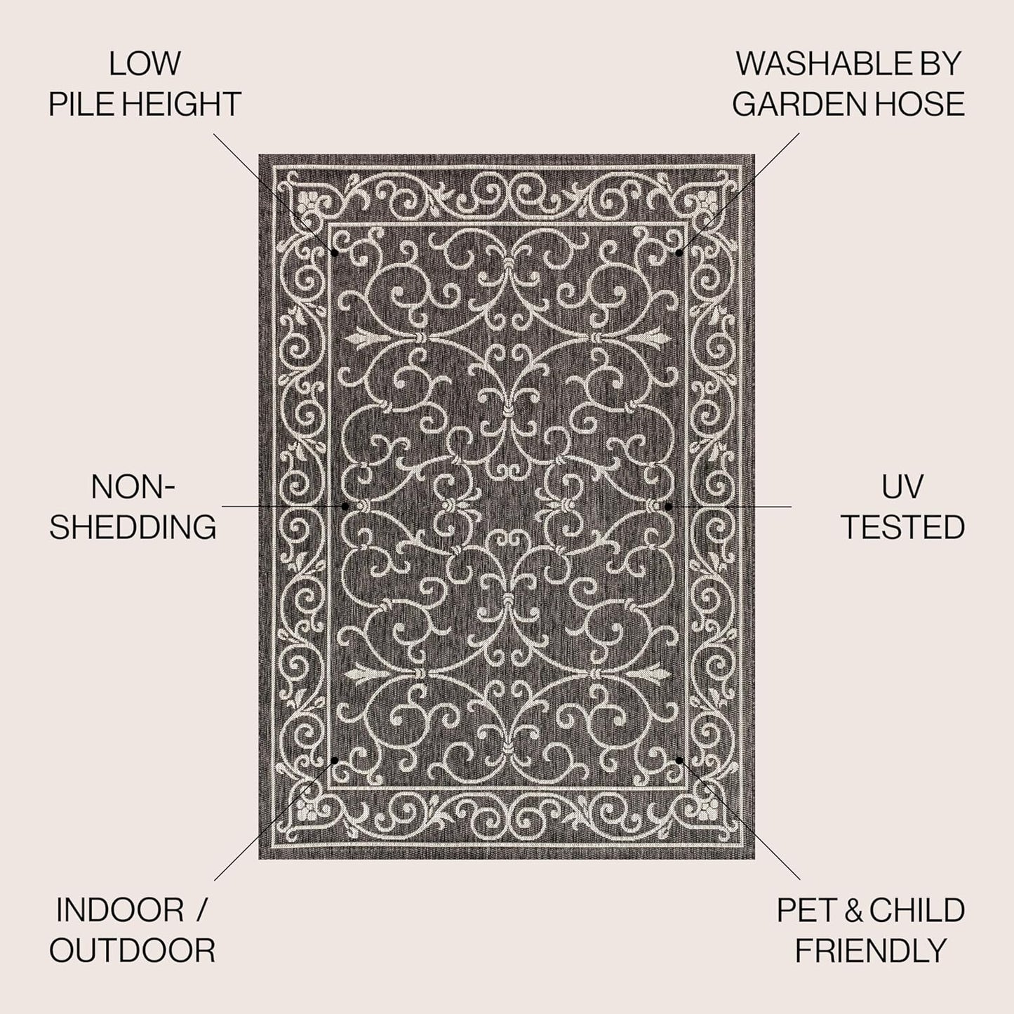 JONATHAN Y Vintage Filigree Indoor Outdoor Round Area Rug 5 Ft Black/Gray, Charleston Textured Weave for Backyard, Patio, Porch, Easy-Cleaning, High Traffic, Pet-Friendly, Non-Shedding (SMB106G-5R)