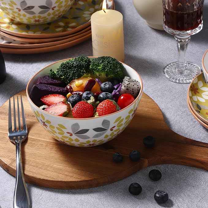 Lorren Home Trends Floral Dinnerware Set, 12 Piece, Bone China, Yellow and Gray Pattern, Microwave and Dishwasher Safe