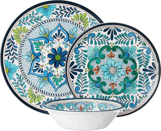 Talavera Melamine 12-Piece Dinnerware Set – Multicolored Plates and Bowls for 4, Spanish Tile-Inspired, Durable, Lightweight, Shatterproof, Dishwasher Safe, Indoor Outdoor Tableware