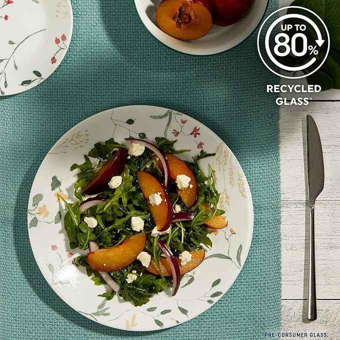 Corelle Vitrelle 18 Piece Glass Dinnerware Sets Service for 6, Triple Layer Chip & Crack Resistant Glass Plate and Bowl Sets, Wildflower