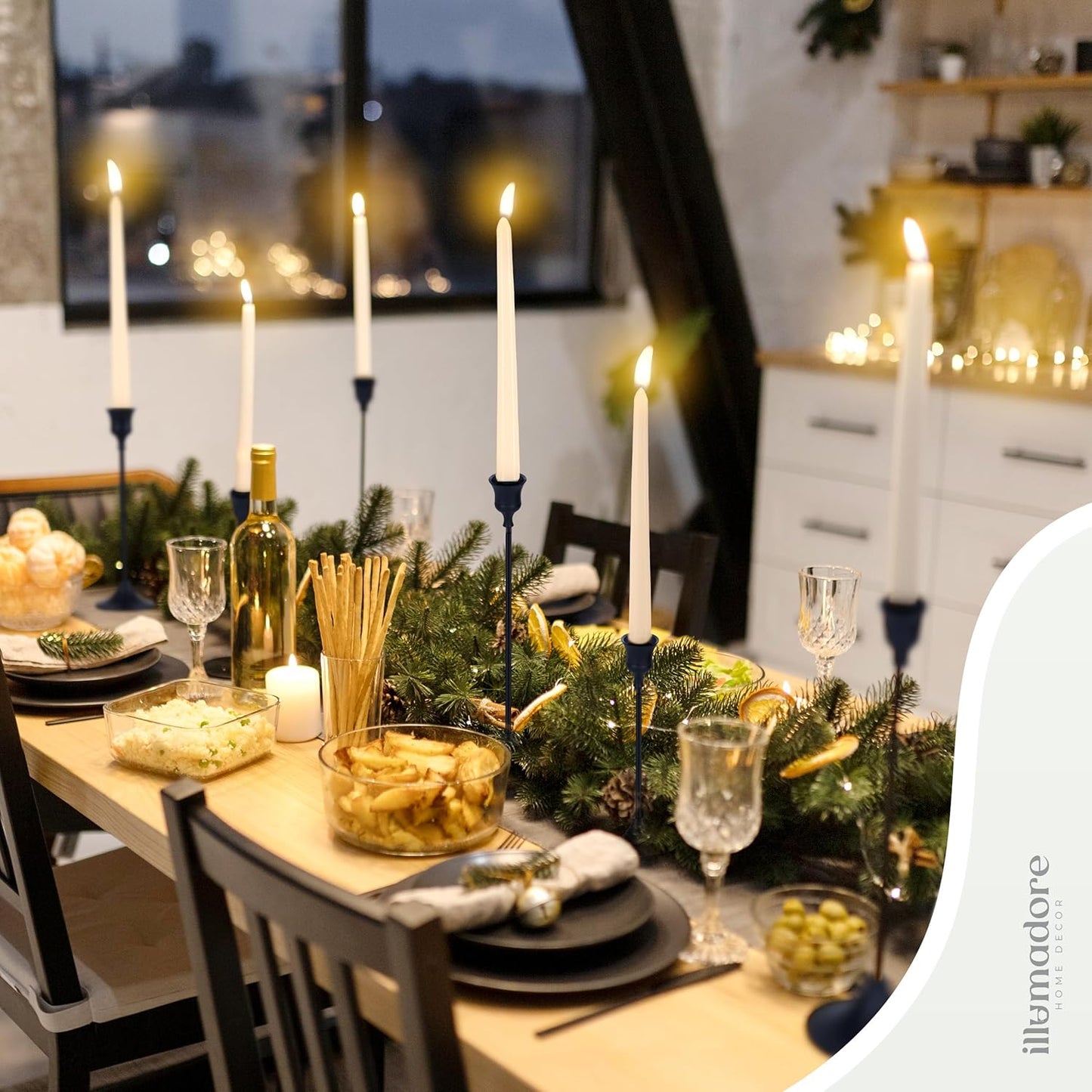 Black Candlestick Holders | Set of 6 | Metal with Matte Finish | 3 Different Sizes | Taper Candles Included | Decorative Centerpiece for Wedding, Christmas, Fireplace Mantel, Dining Table