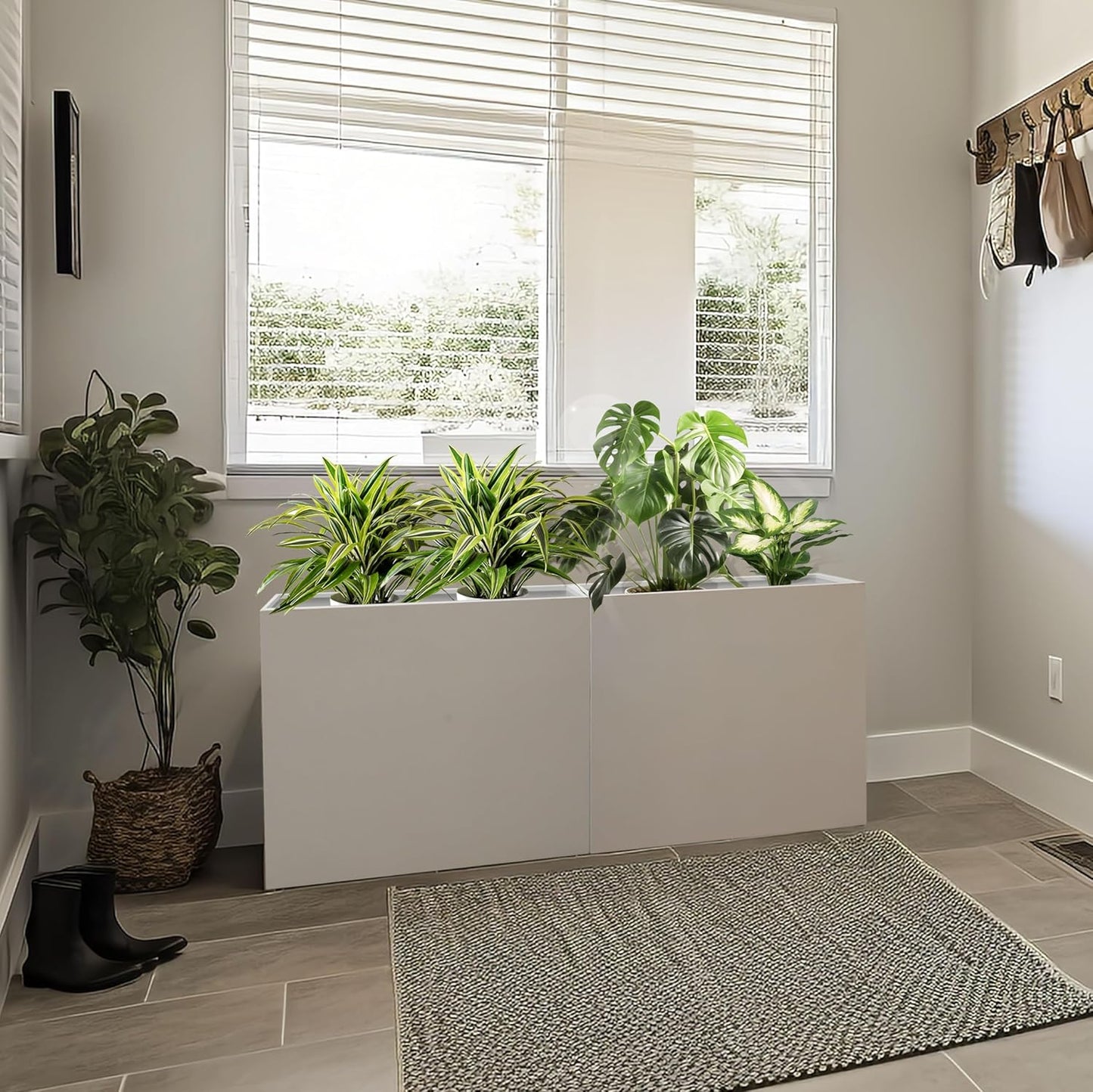 Galvanized Steel Metallic Heavy Planter for Outdoor Plants 24"x10"x24" Metal Planters Spliced Flower Planter with Partitions for Outside,Indoor,Garden (White, 24 * 10 * 24)