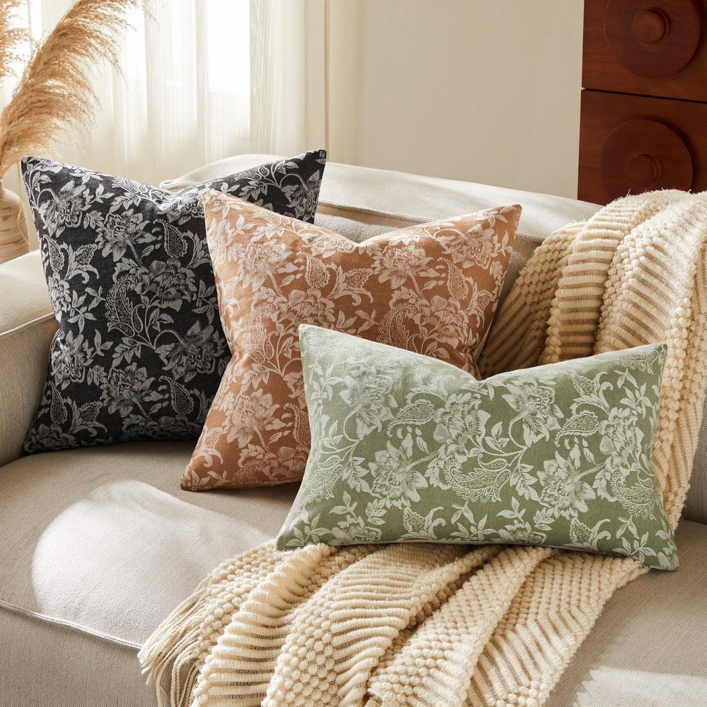 Floral Jacquard Throw Pillow Covers Set of 2, Background/Green 22x22 Inch, Farmhouse Decorative Cotton Sage Green Cushion Covers for Sofa Bed Living Room Home Decor