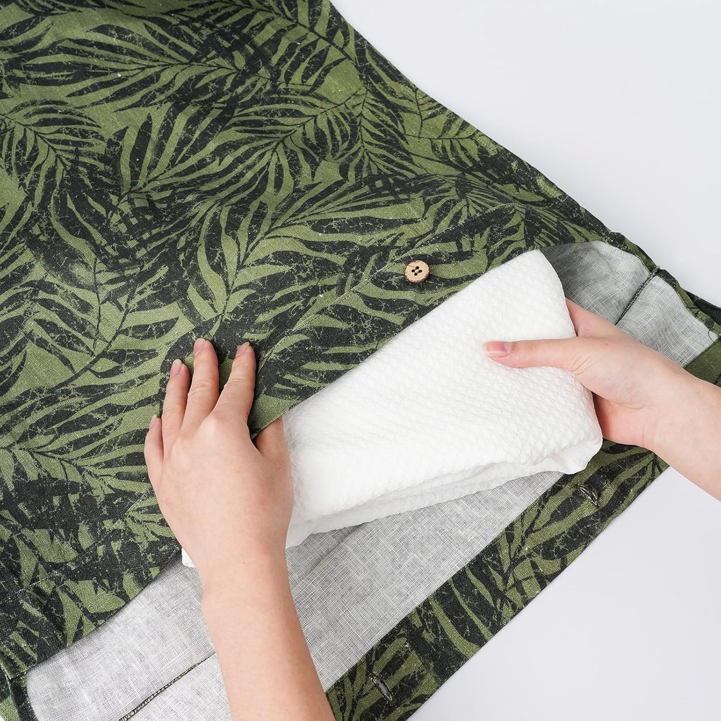 Linen Hanging Laundry Bag, 100% Linen Leaf Print Over The Door Laundry Hamper with Buttons and Zipper, Space Saving Door Hampers for Laundry Dirty Clothes Home Travel, Green, 19.7x27.5inches