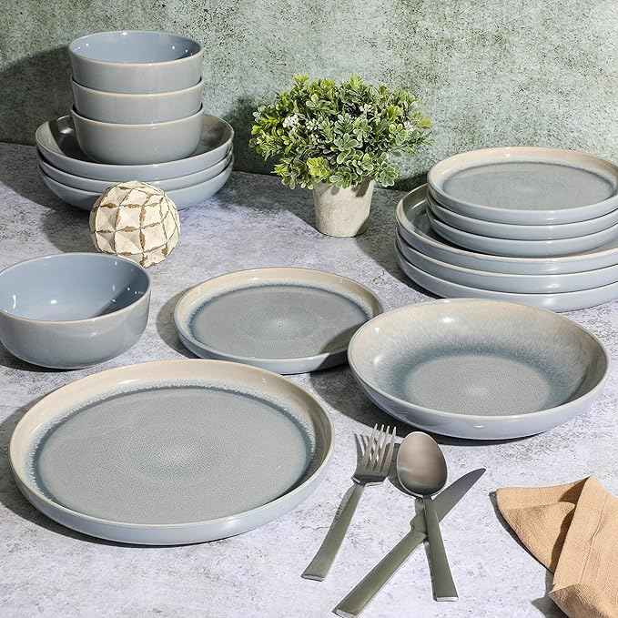 Gibson Elite Juno Moon 16-Piece Reactive Blue Double Bowl Dinnerware Set – Durable Stoneware Plates and Bowls