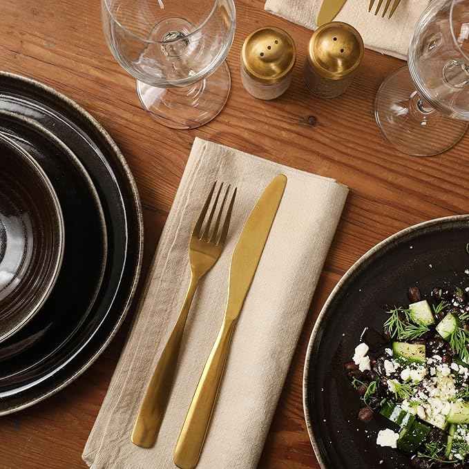 Gibson Elite Eclipse Swirls Plates and Bowls Sets, 12-Piece Stoneware Dinnerware Sets, Reactive Glaze Dish Set - Black